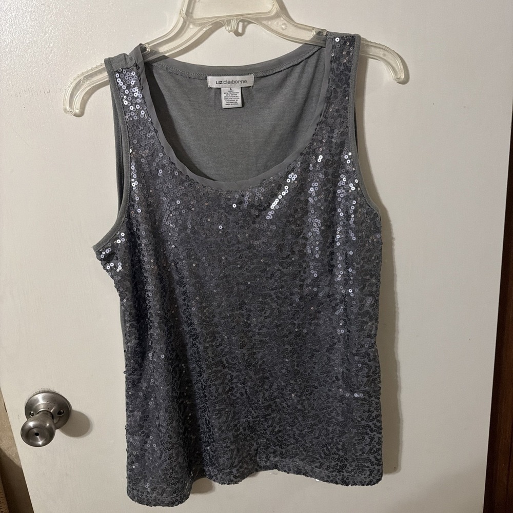 LIZ CLAIBORNE WOMENS Shimmery Sequin Front Overlay Knit Tank Top Gray - Size L